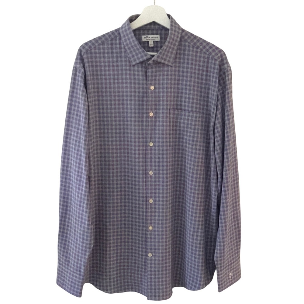 Peter Millar Summer Comfort Mens Large Purple Plaid Button Up Shirt MF19EW71SL